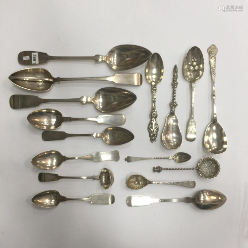 Fifteen different silver spoons.