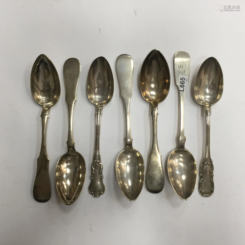 Seven different Russian silver soup spoons