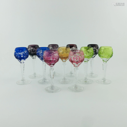 Set of eleven cut crystal liqueur glasses