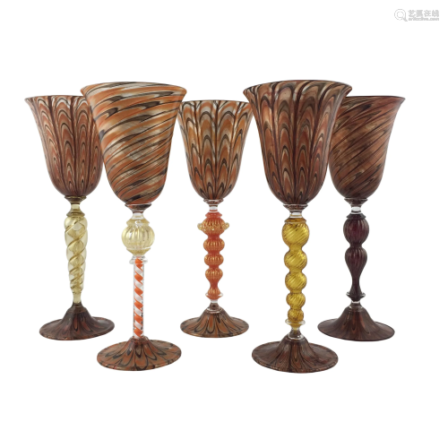 Set of five Murano glass goblets