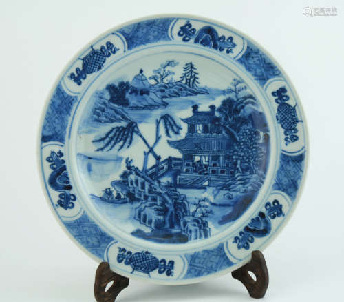 A blue and white 'landscape' dish