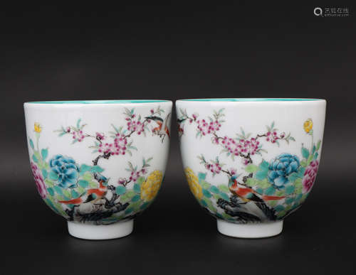 A pair of famille-rose 'floral and birds' cup