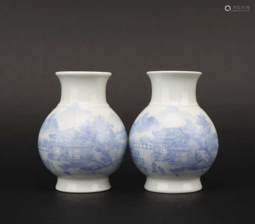 A pair of blue and white 'landscape' vase