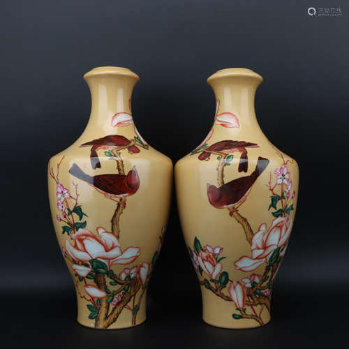 A pair of enamel 'floral and birds' vase