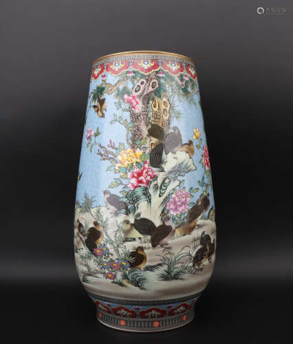 A enamel 'floral and birds' jar
