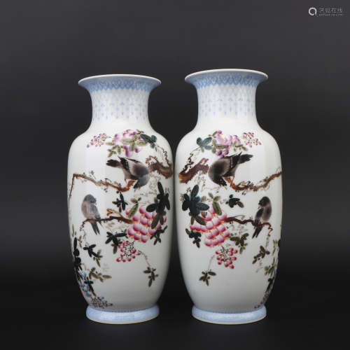 A pair of famille-rose 'floral and birds' vase
