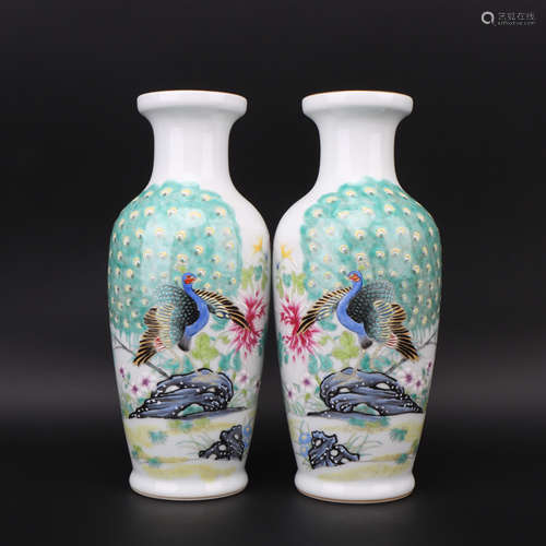 A pair of famille-rose 'floral and birds' vase