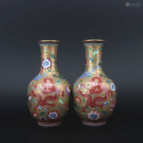 A pair of enamel 'dragon' vase