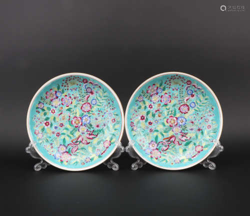 A pair of enamel 'floral' dish
