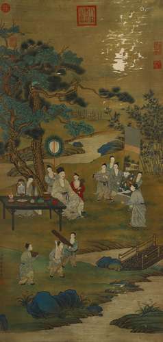 A chinese figure painting scroll, lang shining mark