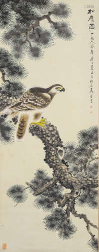 A chinese eagles painting scroll, ma jin mark