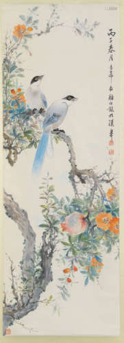 A chinese flowers and birds painting scroll, yan bolong mark