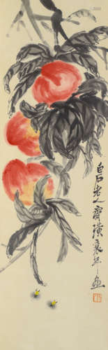 A chinese peaches painting scroll, qi baishi mark