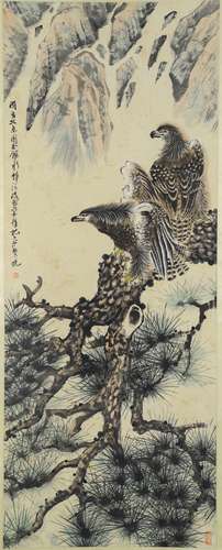 A chinese eagles painting scroll, zheng naiguang mark