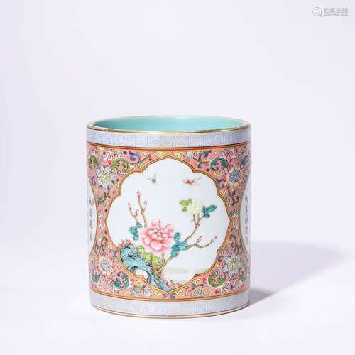 A Famille Rose Floral Porcelain Inscribed Brush Pot