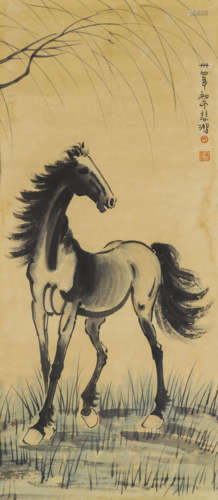 A chinese horse painting scroll, xu beihong mark