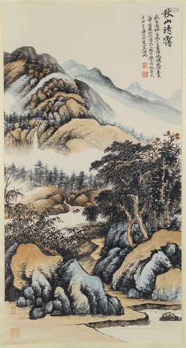 A chinese landscape painting scroll, wu hufan mark