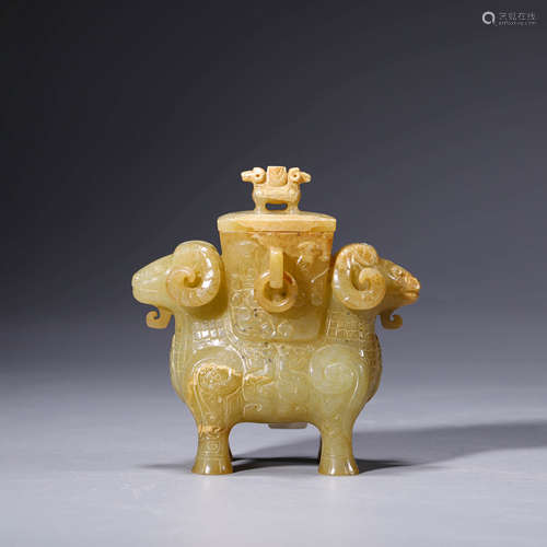 An archaistic brownish jade double ram ding-style incense bu...