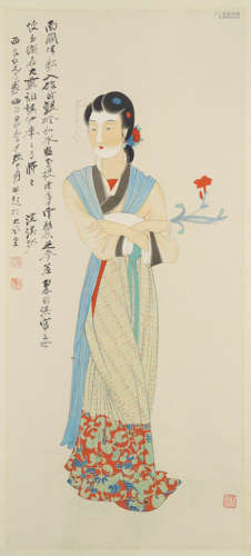 A chinese figure painting scroll, zhang daqian mark