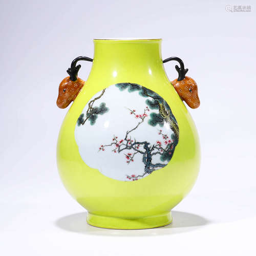 A yellow-glazed famille rose magpie and prunus deer-shaped z...