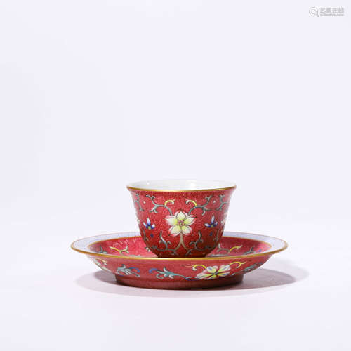 A Set of Famille Rose Floral Porcelain Cup and Saucer