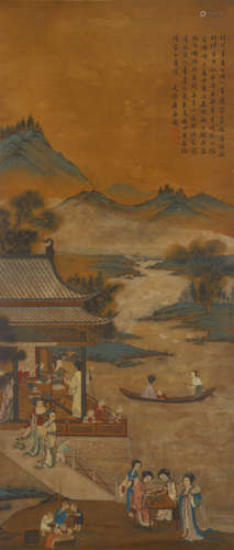 A chinese figure painting scroll, qiu ying mark