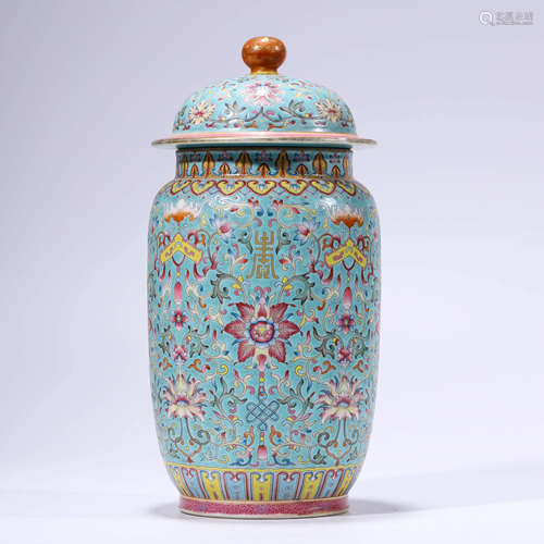 A turquoise-ground famille rose floral jar and cover