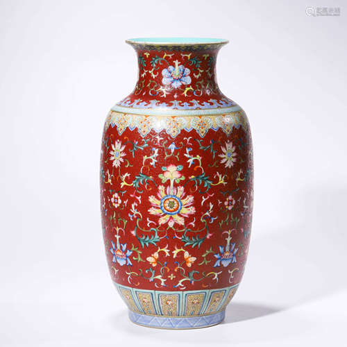 A Famille Rose Red Ground Floral Porcelain Lantern-shaped Va...