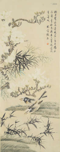 A chinese flowers and birds painting scroll, chen yuandu mar...