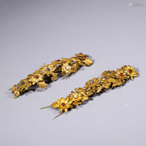 A pair of silver gilding and gems inlaying flowers hairpins