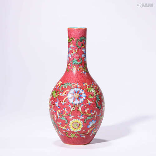 A Famille Rose Carmine Red Ground Floral Porcelain Vase