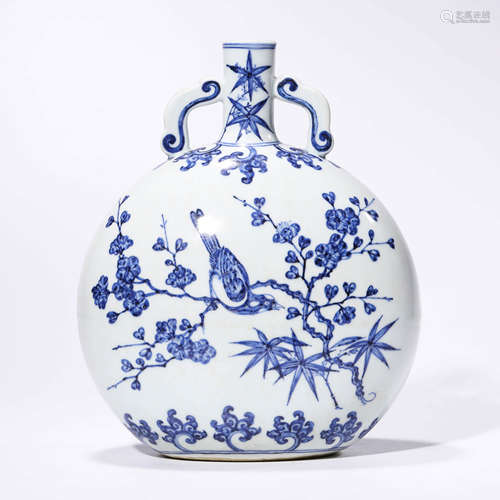 A blue and white magpie and prunus moonflask