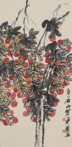 A chinese lychee painting scroll, qi baishi mark