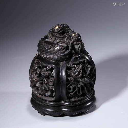 An openwork wood double-lion four treasures incense burner