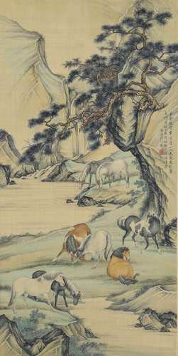 A chinese horses painting scroll, pu jin mark