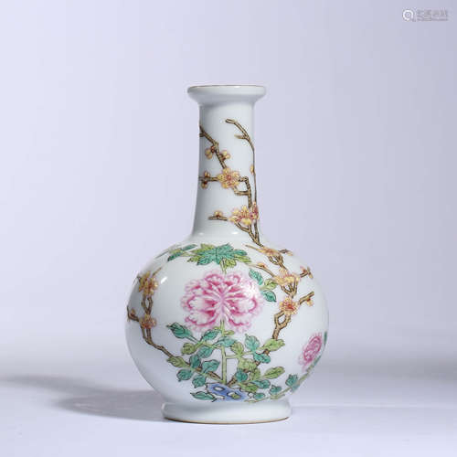 An inscribed famille rose floral dish-top vase