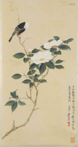 A chinese flowers and birds painting scroll, xie zhiliu mark