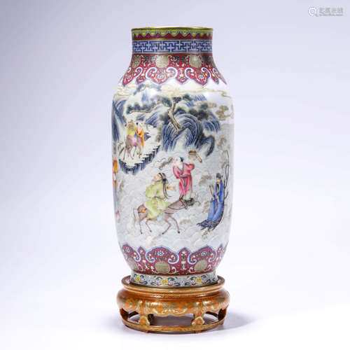 A famille rose immortals lantern-shaped vase with stand