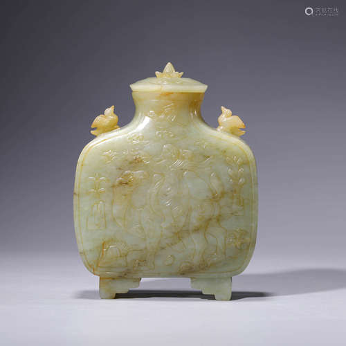 A carved jade flowers and birds figure moonflask