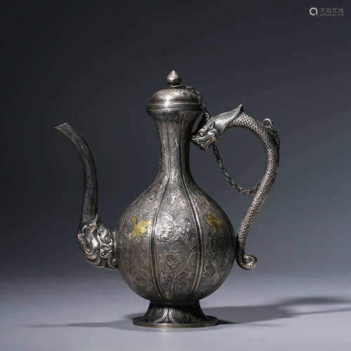 a silver gilding melon-shaped dragon-handle ewer