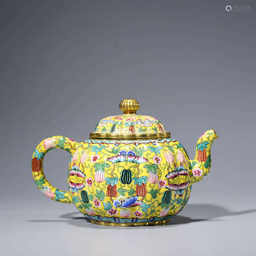 A bronze enamel melon-shaped teapot