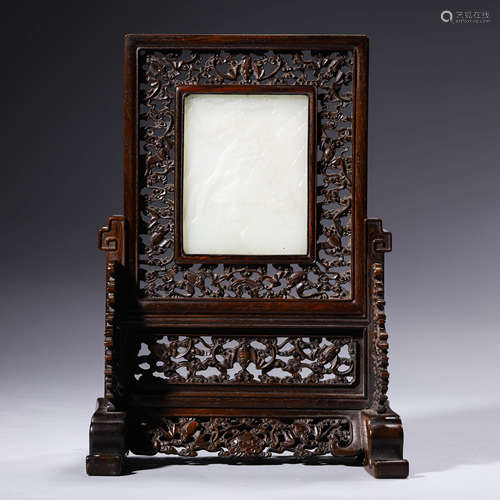 A carved white jade fu and shou table screen