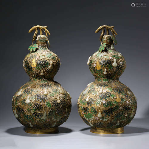 A pair of two jade inlaying enamel double-gourd-shaped vases