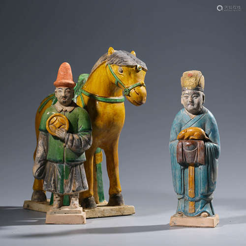 A set of three sancai-glazed pottery figure and horse