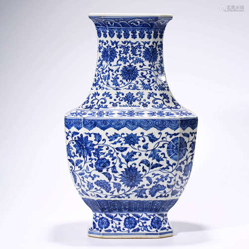 A blue and white interlocking flowers hexagonal vase