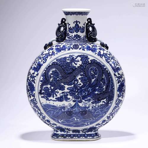 A Blue and White Dragon Pattern Porcelain Oblate Vase