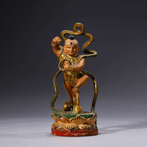 A Wood Carved Colored Drawing Nezha Ornament