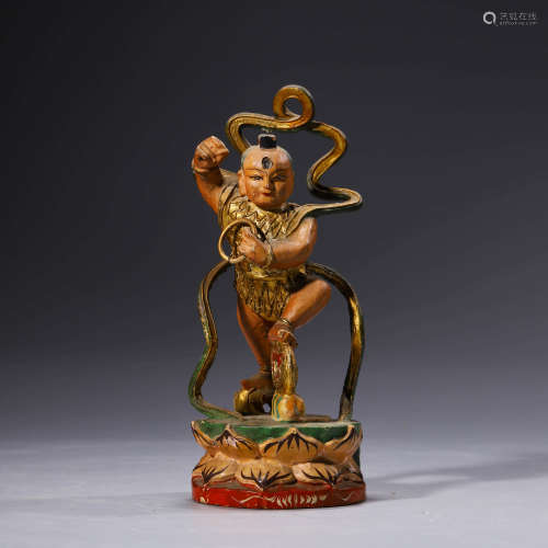 A Wood Carved Colored Drawing Nezha Ornament
