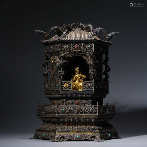 a silver gilding gems inlaying buddha niche