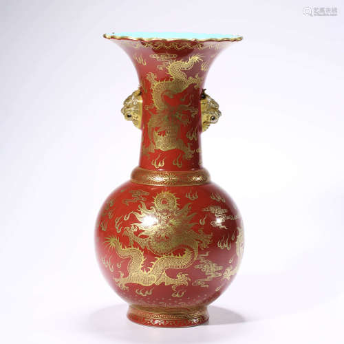 A gilt coral-red-glazed dragon foliated-edge vase
